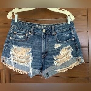 AE Hi Rise Festival Denim & Lace Jean Shorts, Sz 10